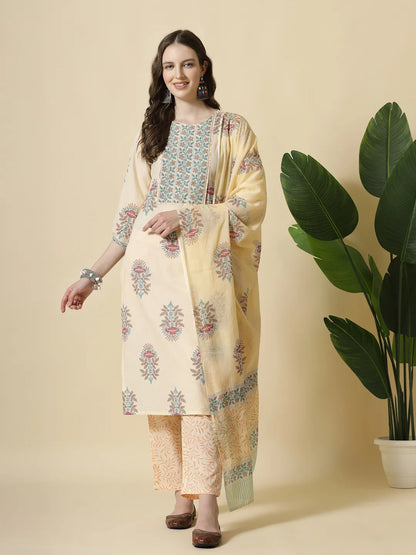 Yellow Floral Print Cotton Sequins Work Kurta Set With Pant & Dupatta
