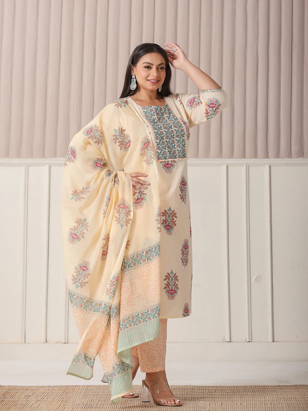 Yellow Floral Print Cotton Sequins Work Plus Size Kurta Set With Pant & Dupatta