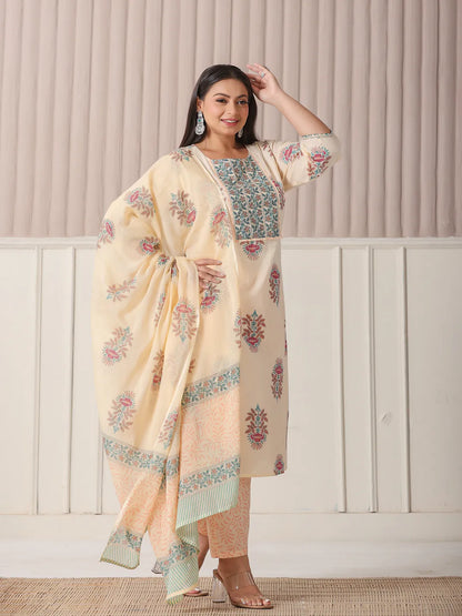 Yellow Floral Print Cotton Sequins Work Plus Size Kurta Set With Pant & Dupatta
