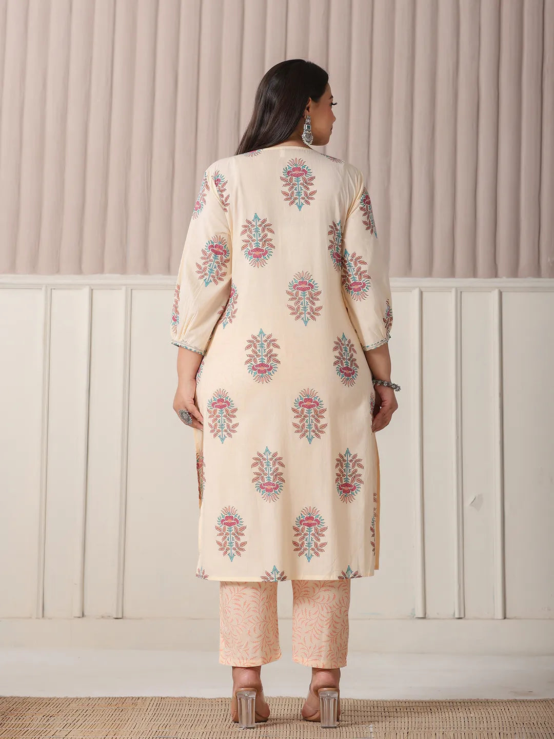 Yellow Floral Print Cotton Sequins Work Plus Size Kurta Set With Pant & Dupatta