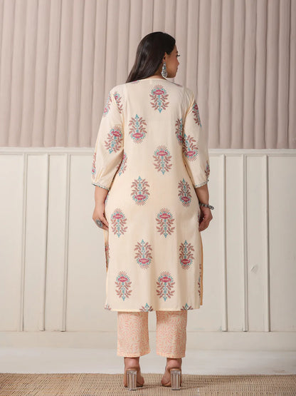 Yellow Floral Print Cotton Sequins Work Plus Size Kurta Set With Pant & Dupatta