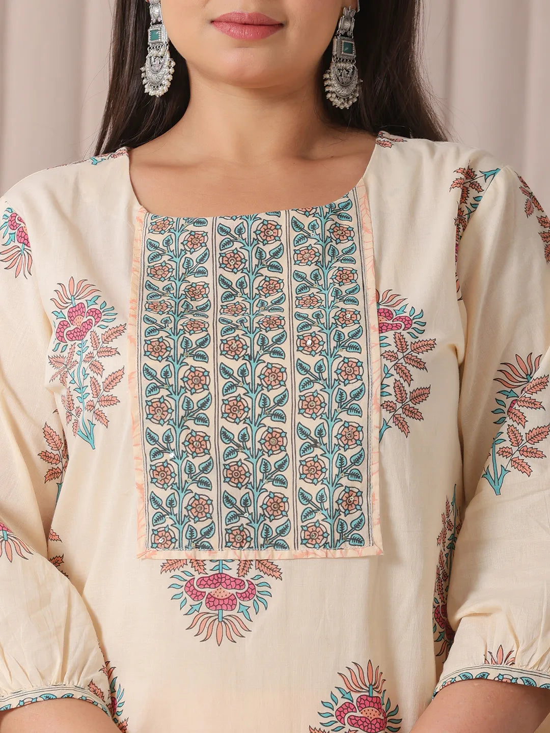 Yellow Floral Print Cotton Sequins Work Plus Size Kurta Set With Pant & Dupatta