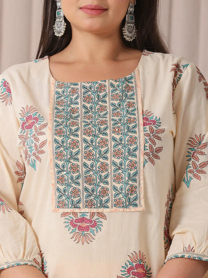 Yellow Floral Print Cotton Sequins Work Plus Size Kurta Set With Pant & Dupatta