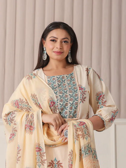 Yellow Floral Print Cotton Sequins Work Plus Size Kurta Set With Pant & Dupatta