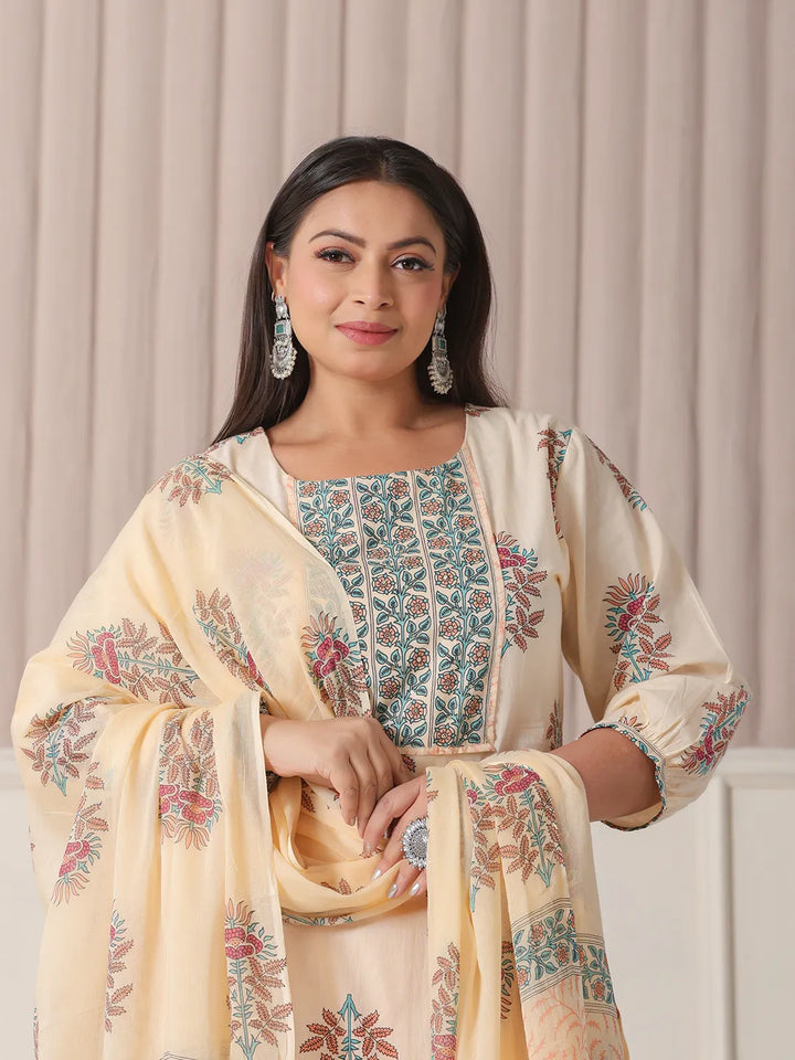 Yellow Floral Print Cotton Sequins Work Plus Size Kurta Set With Pant &amp; Dupatta