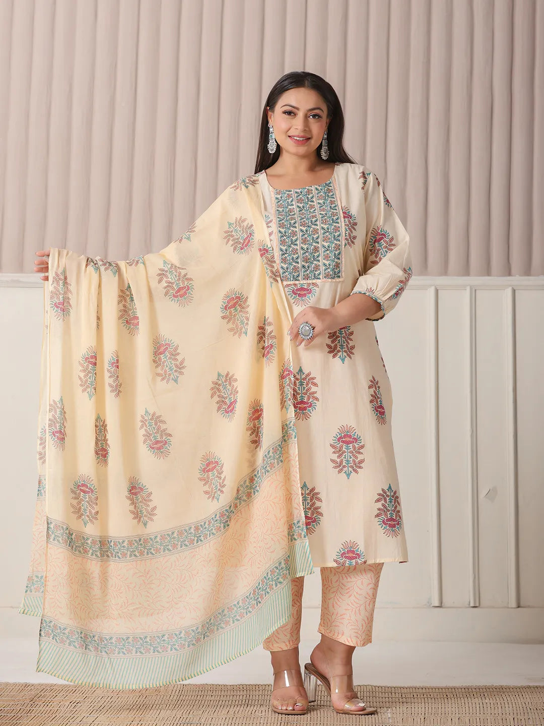 Yellow Floral Print Cotton Sequins Work Plus Size Kurta Set With Pant & Dupatta