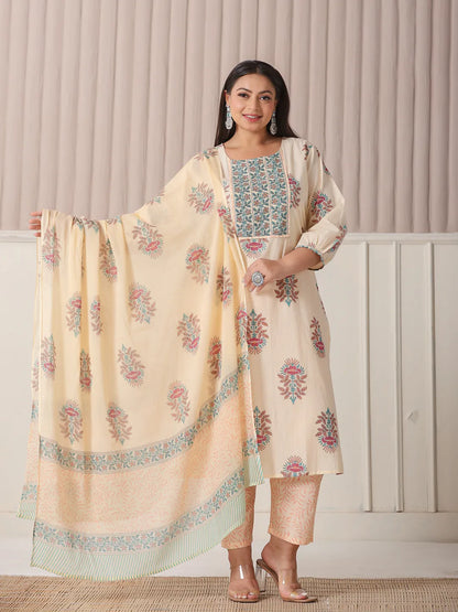 Yellow Floral Print Cotton Sequins Work Plus Size Kurta Set With Pant & Dupatta