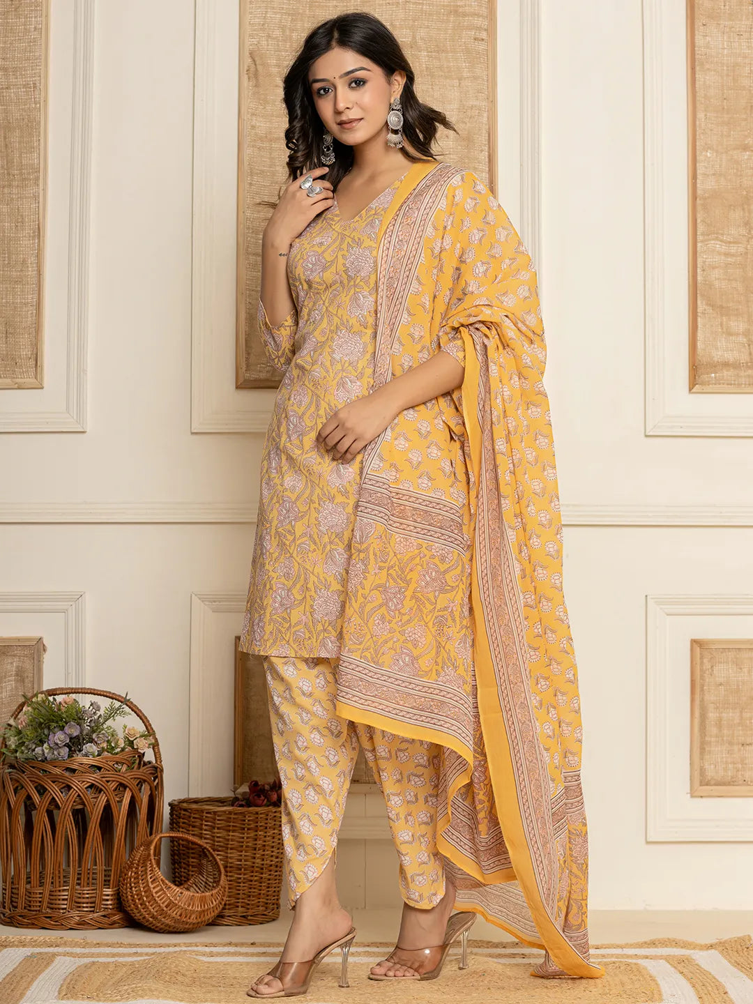 Yellow Floral Print Cotton Straight Style Kurta And Dhoti Pants With Dupatta Set