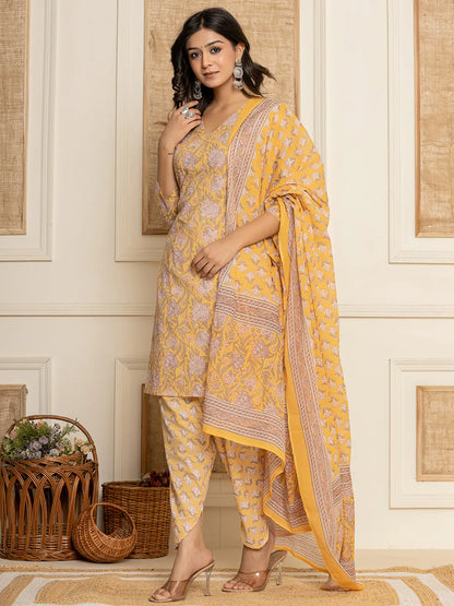 Yellow Floral Print Cotton Straight Style Kurta And Dhoti Pants With Dupatta Set
