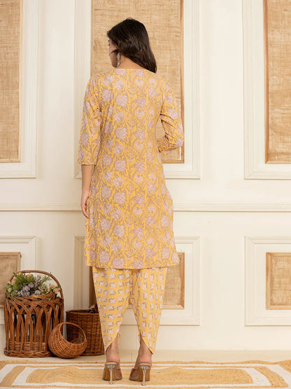 Yellow Floral Print Cotton Straight Style Kurta And Dhoti Pants With Dupatta Set