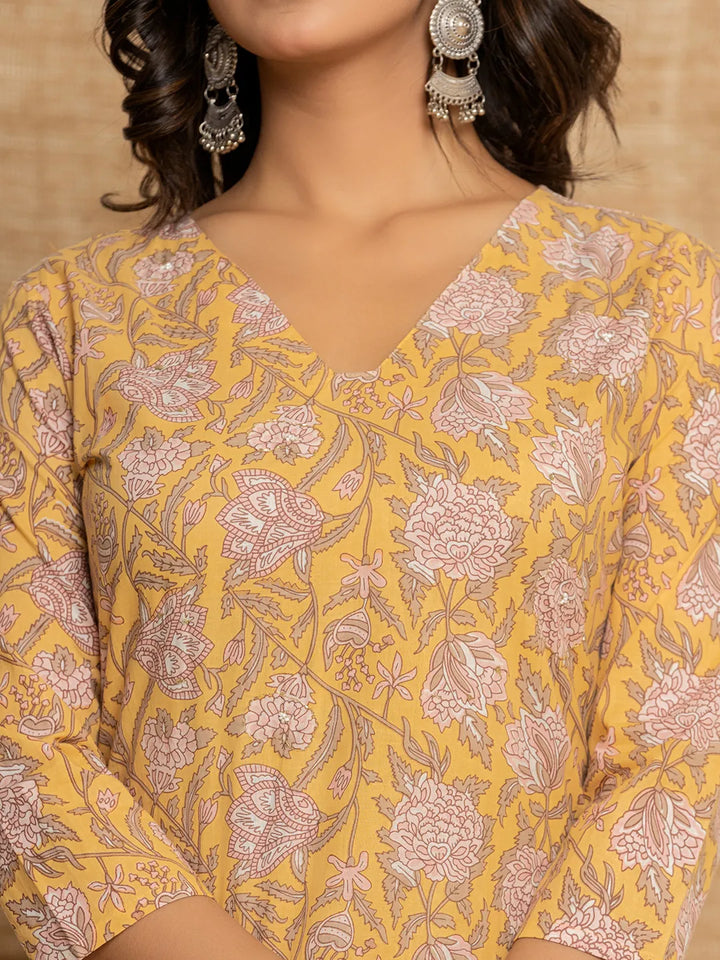 Yellow Floral Print Cotton Straight Style Kurta And Dhoti Pants With Dupatta Set