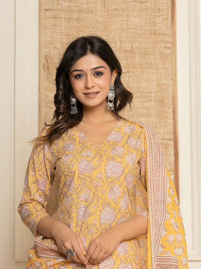 Yellow Floral Print Cotton Straight Style Kurta And Dhoti Pants With Dupatta Set