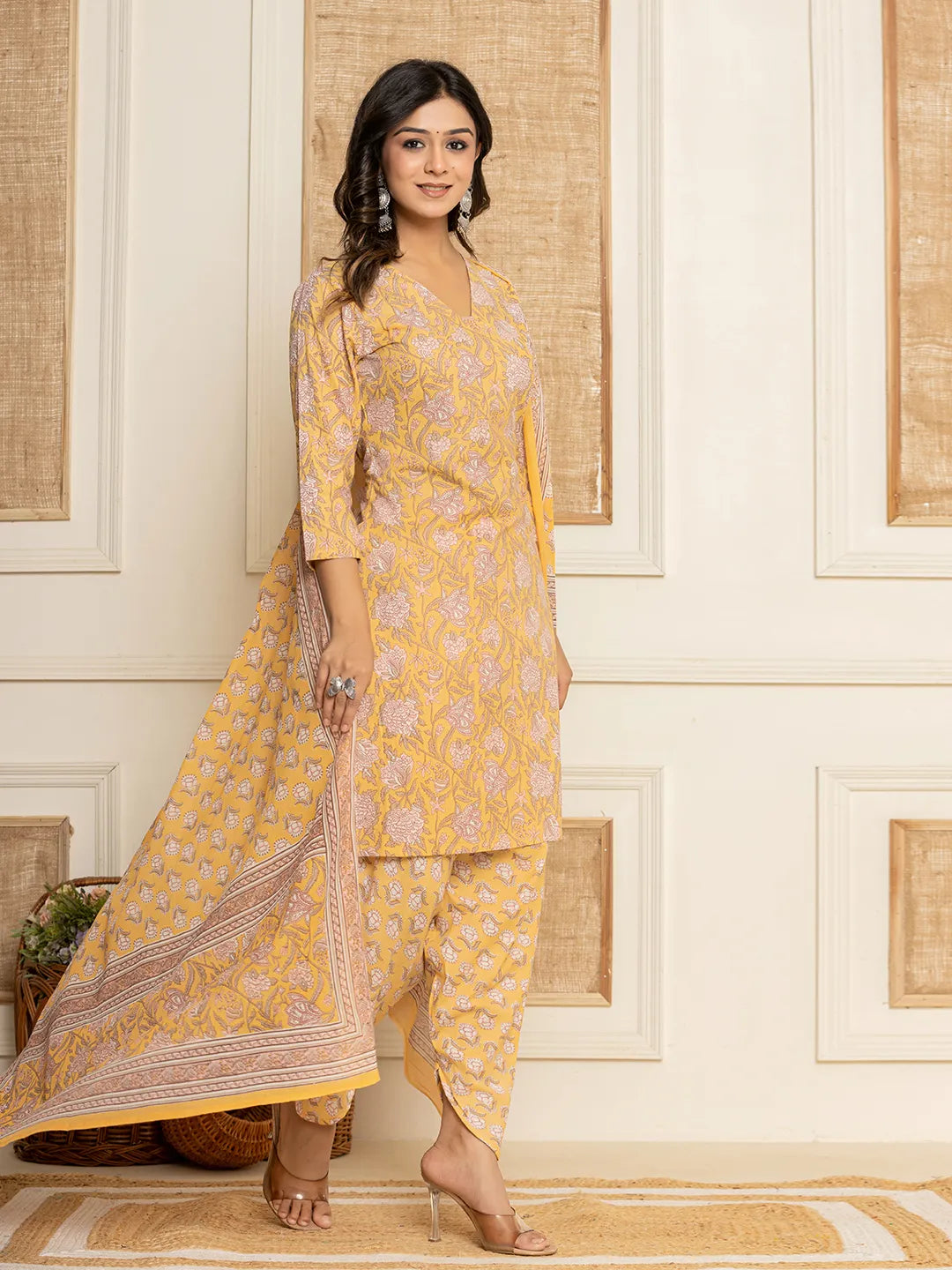Yellow Floral Print Cotton Straight Style Kurta And Dhoti Pants With Dupatta Set