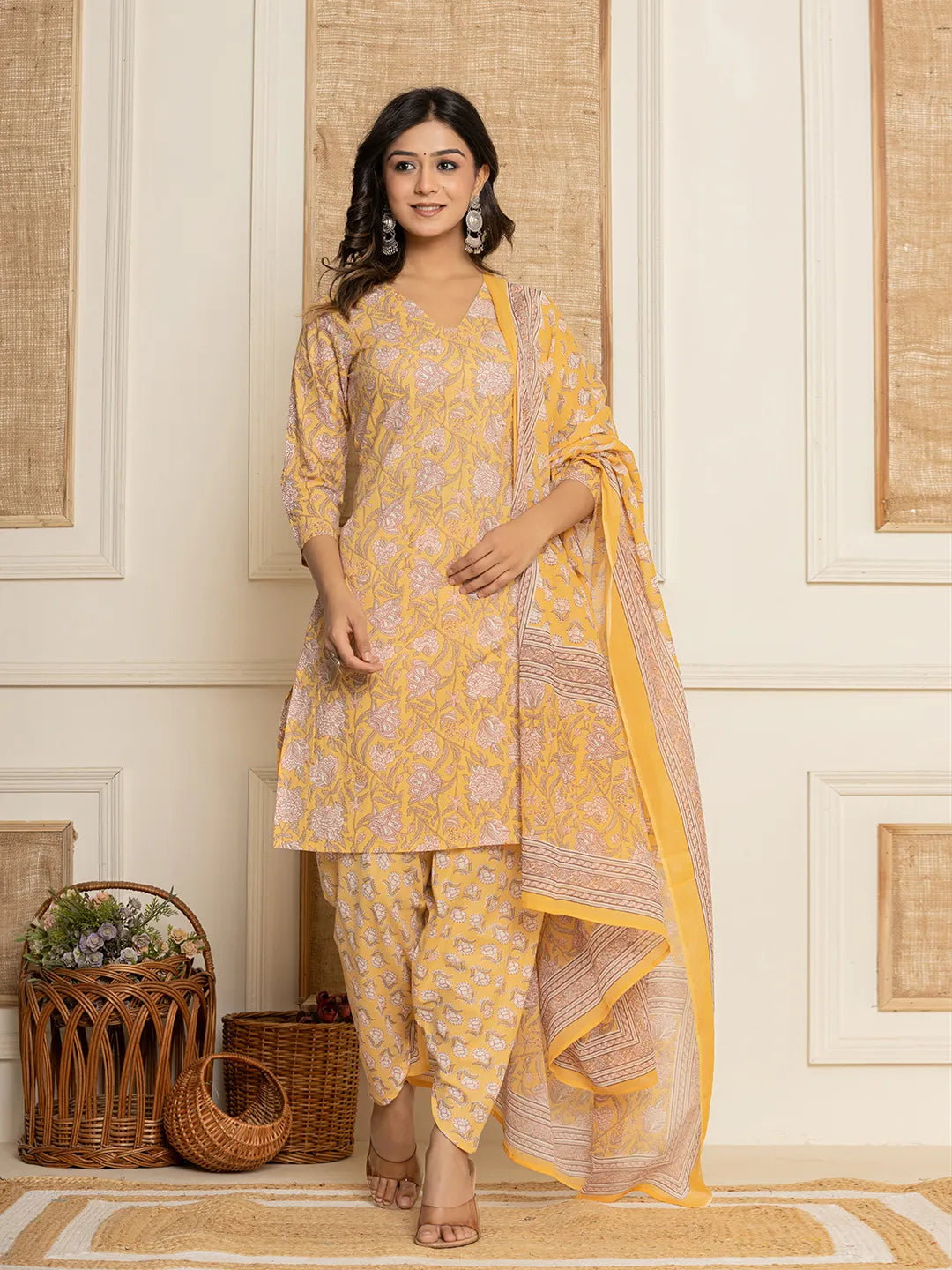 Yellow Floral Print Cotton Straight Style Kurta And Dhoti Pants With Dupatta Set