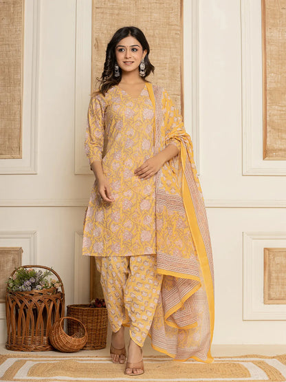 Yellow Floral Print Cotton Straight Style Kurta And Dhoti Pants With Dupatta Set