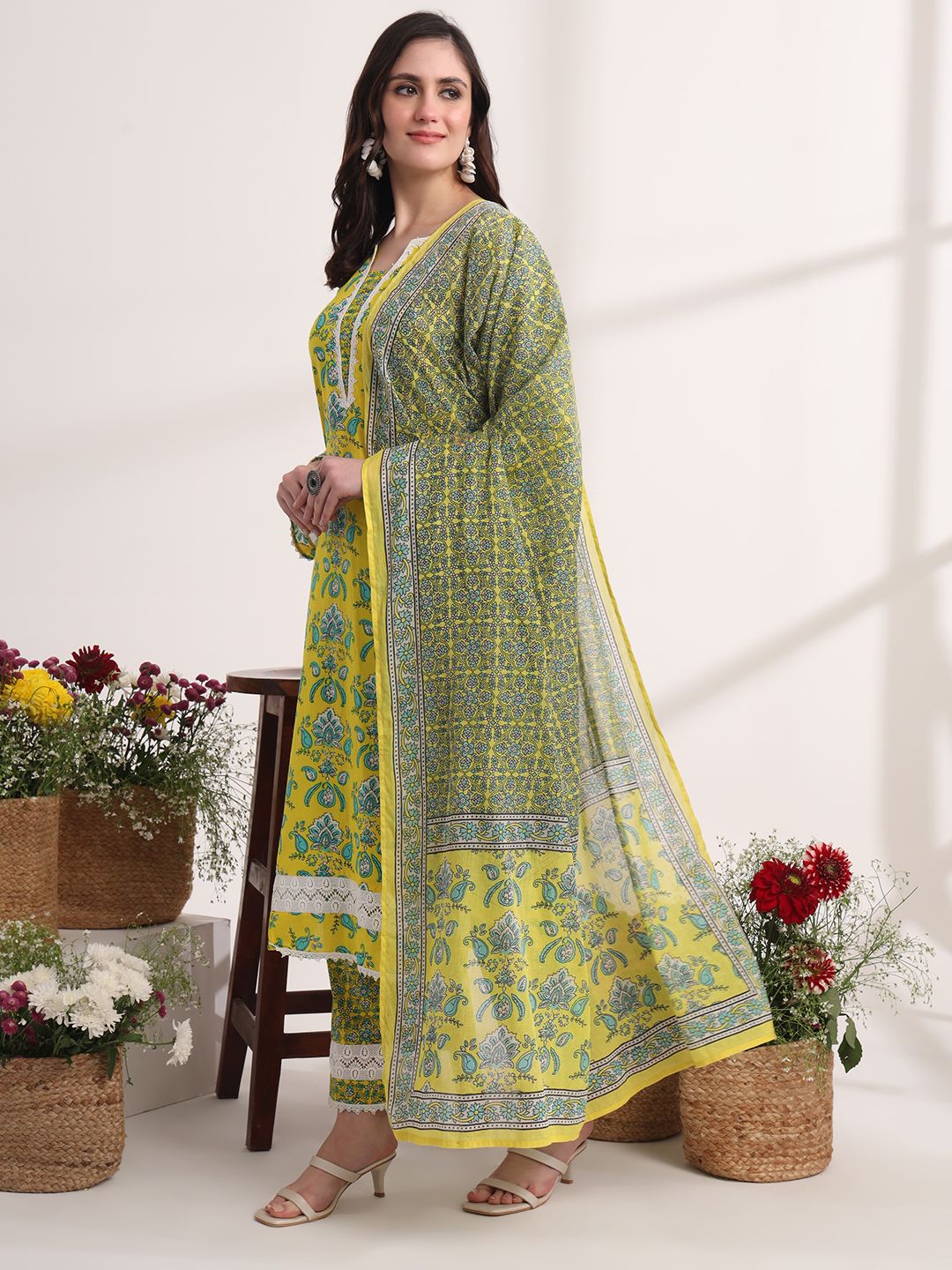 Yellow Floral Print Pakistani Style Kurta Trouser And Dupatta Set