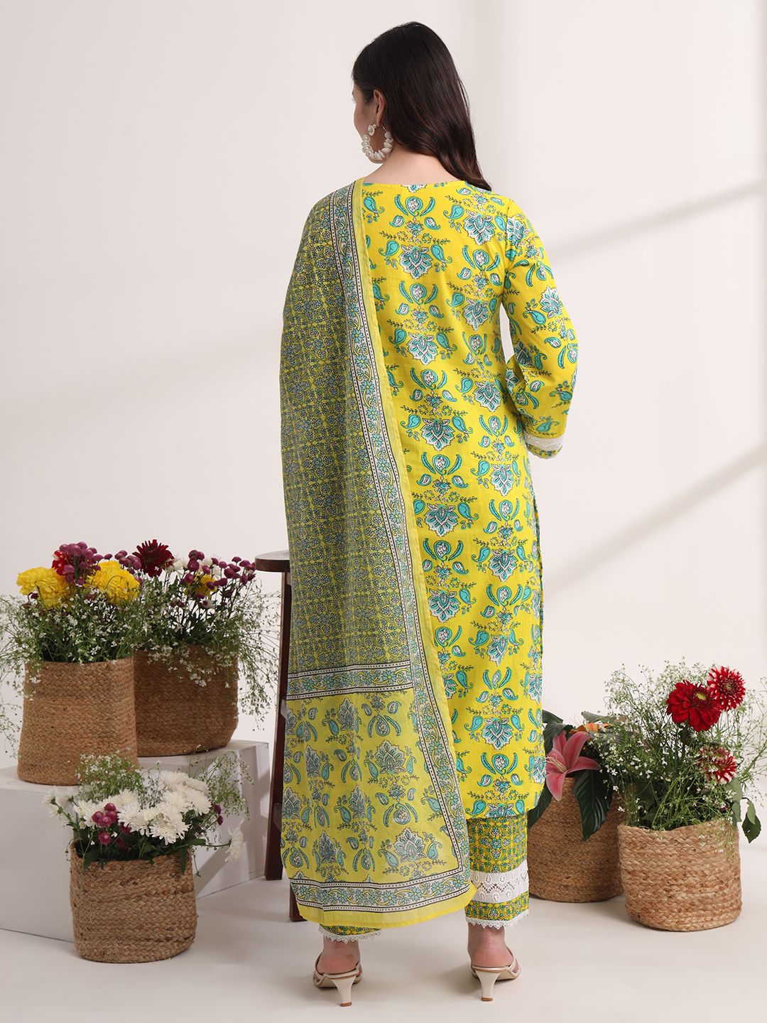 Yellow Floral Print Pakistani Style Kurta Trouser And Dupatta Set