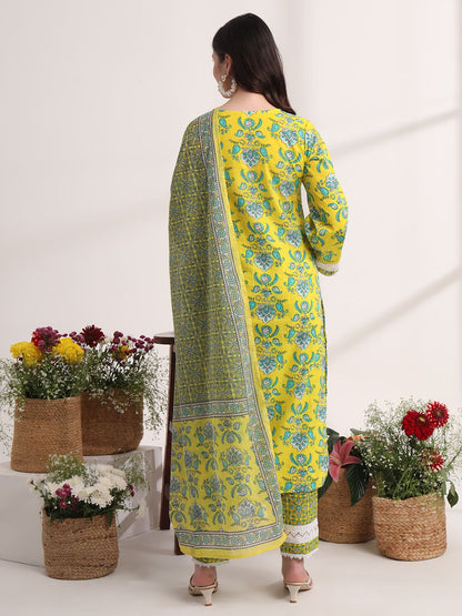 Yellow Floral Print Pakistani Style Kurta Trouser And Dupatta Set