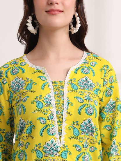 Yellow Floral Print Pakistani Style Kurta Trouser And Dupatta Set