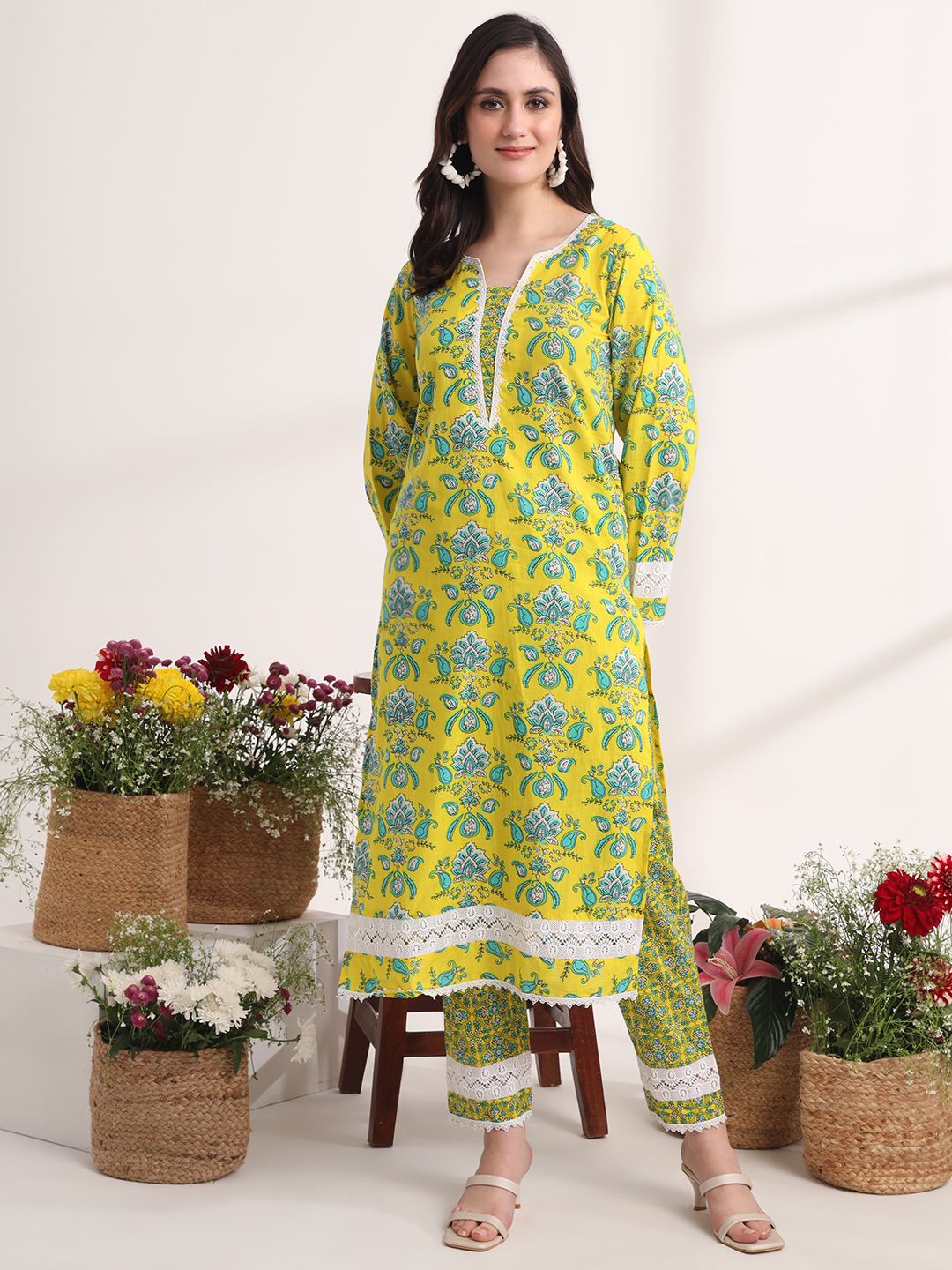 Yellow Floral Print Pakistani Style Kurta Trouser And Dupatta Set
