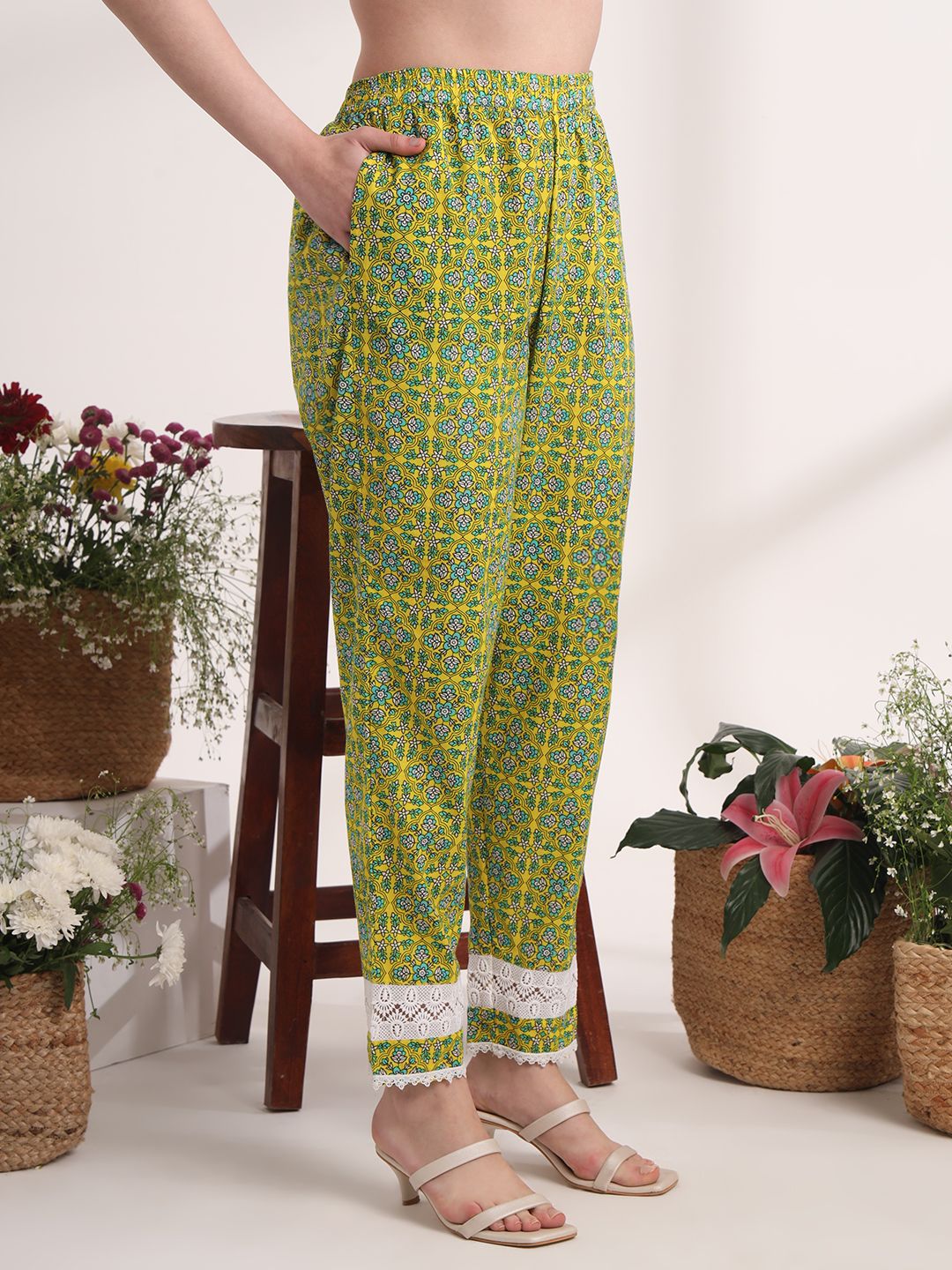 Yellow Floral Print Pakistani Style Kurta Trouser And Dupatta Set