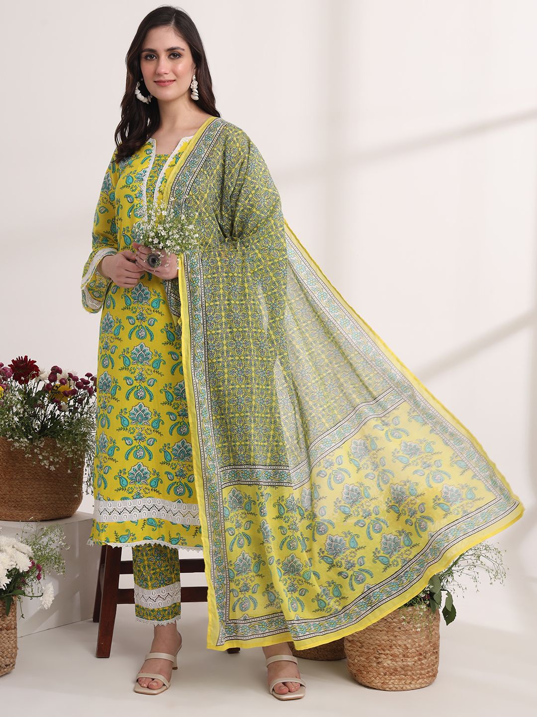 Yellow Floral Print Pakistani Style Kurta Trouser And Dupatta Set