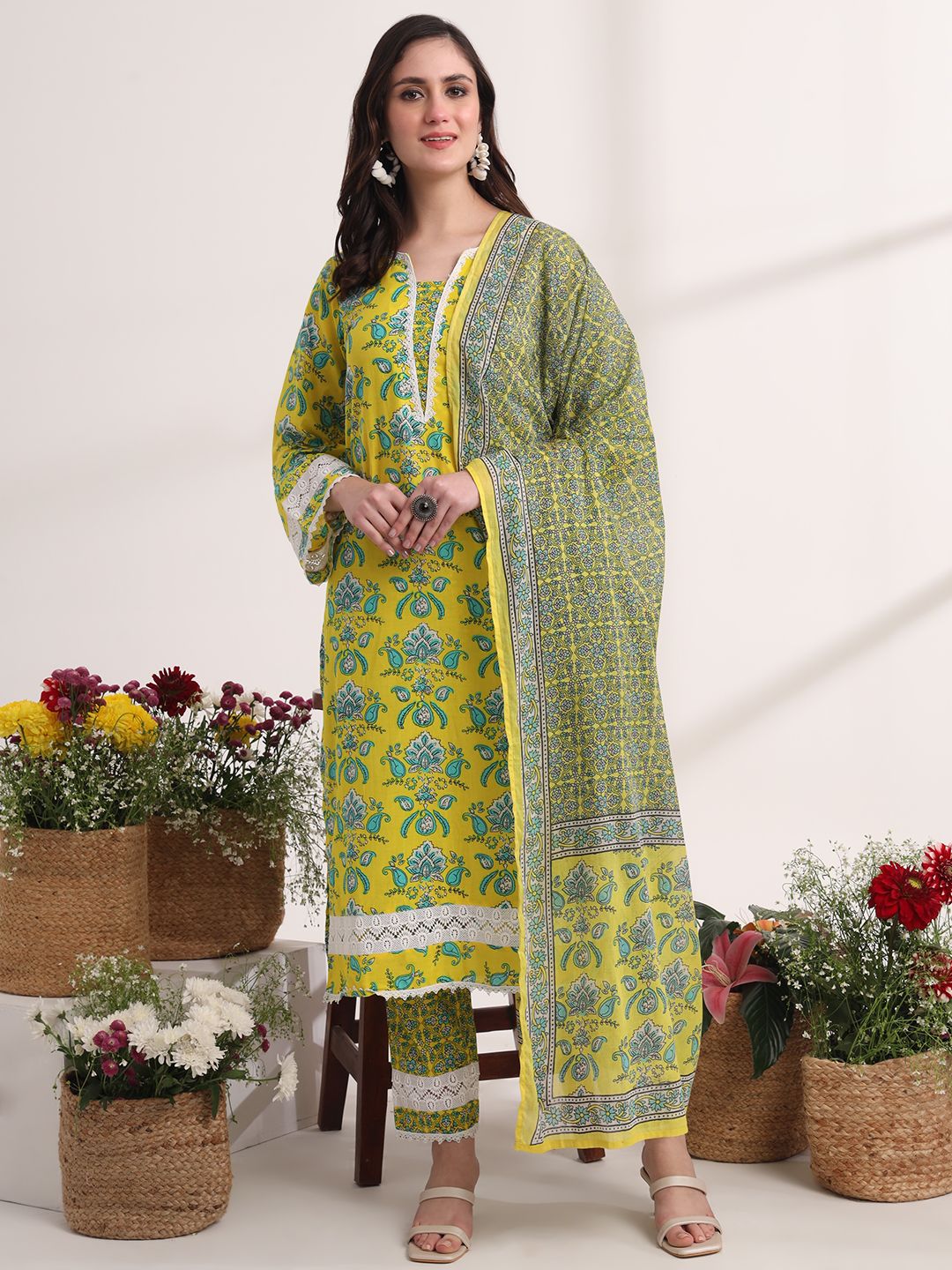 Yellow Floral Print Pakistani Style Kurta Trouser And Dupatta Set
