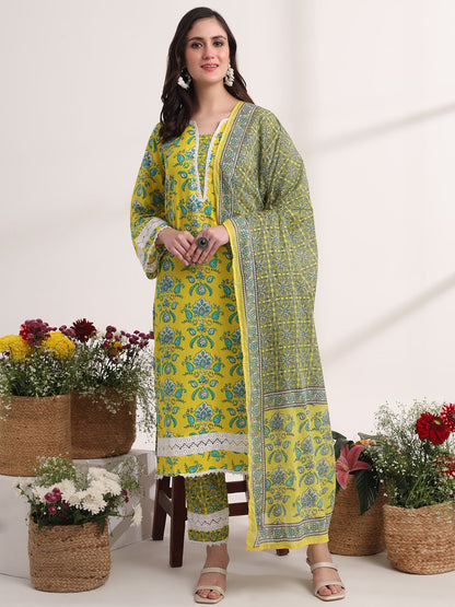 Yellow Floral Print Pakistani Style Kurta Trouser And Dupatta Set
