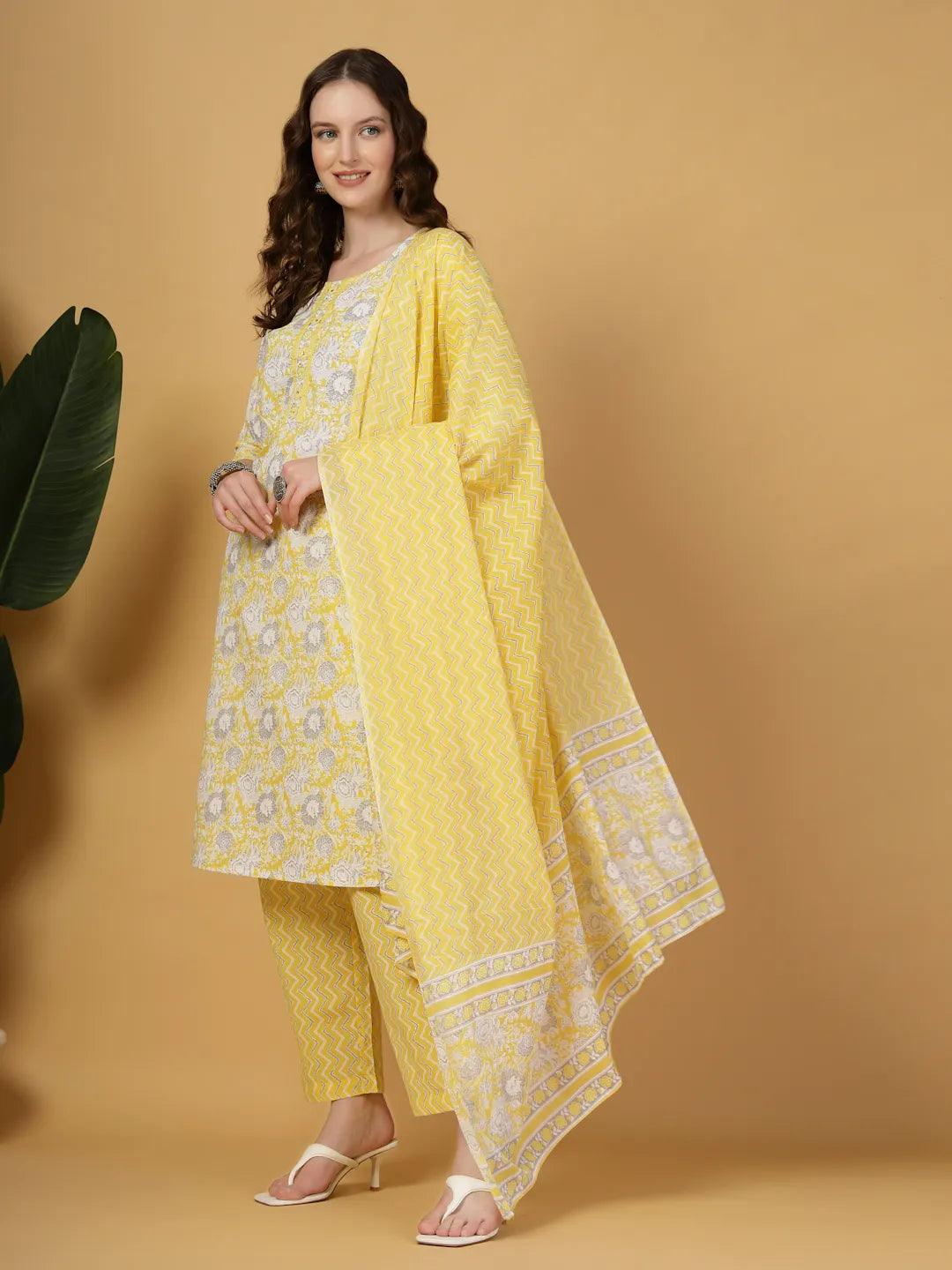 Yellow Floral Print Straight Kurta Trouser Dupatta Set