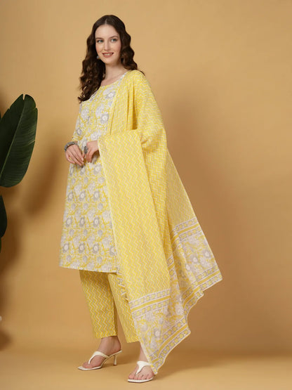 Yellow Floral Print Straight Kurta Trouser Dupatta Set
