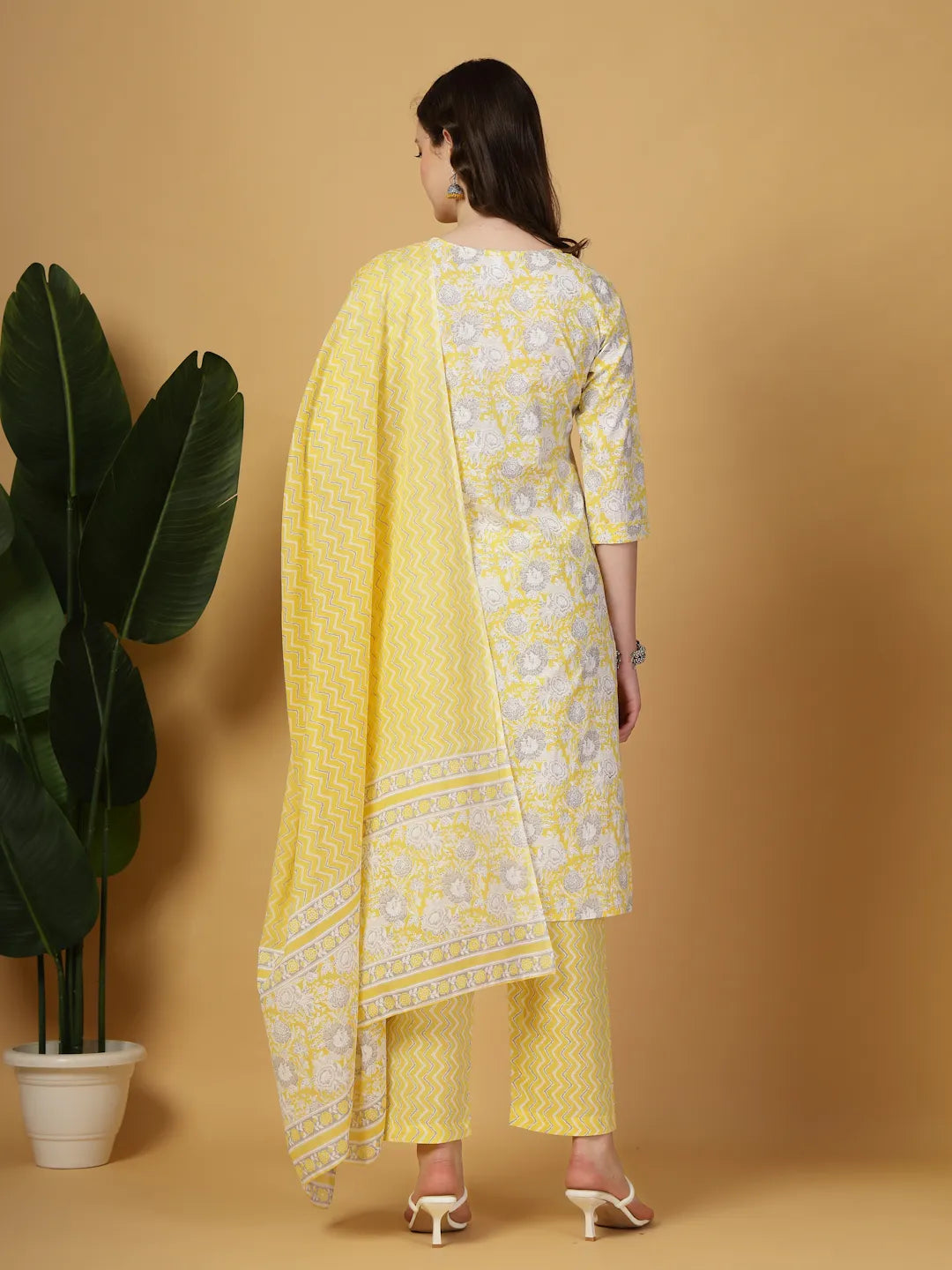 Yellow Floral Print Straight Kurta Trouser Dupatta Set