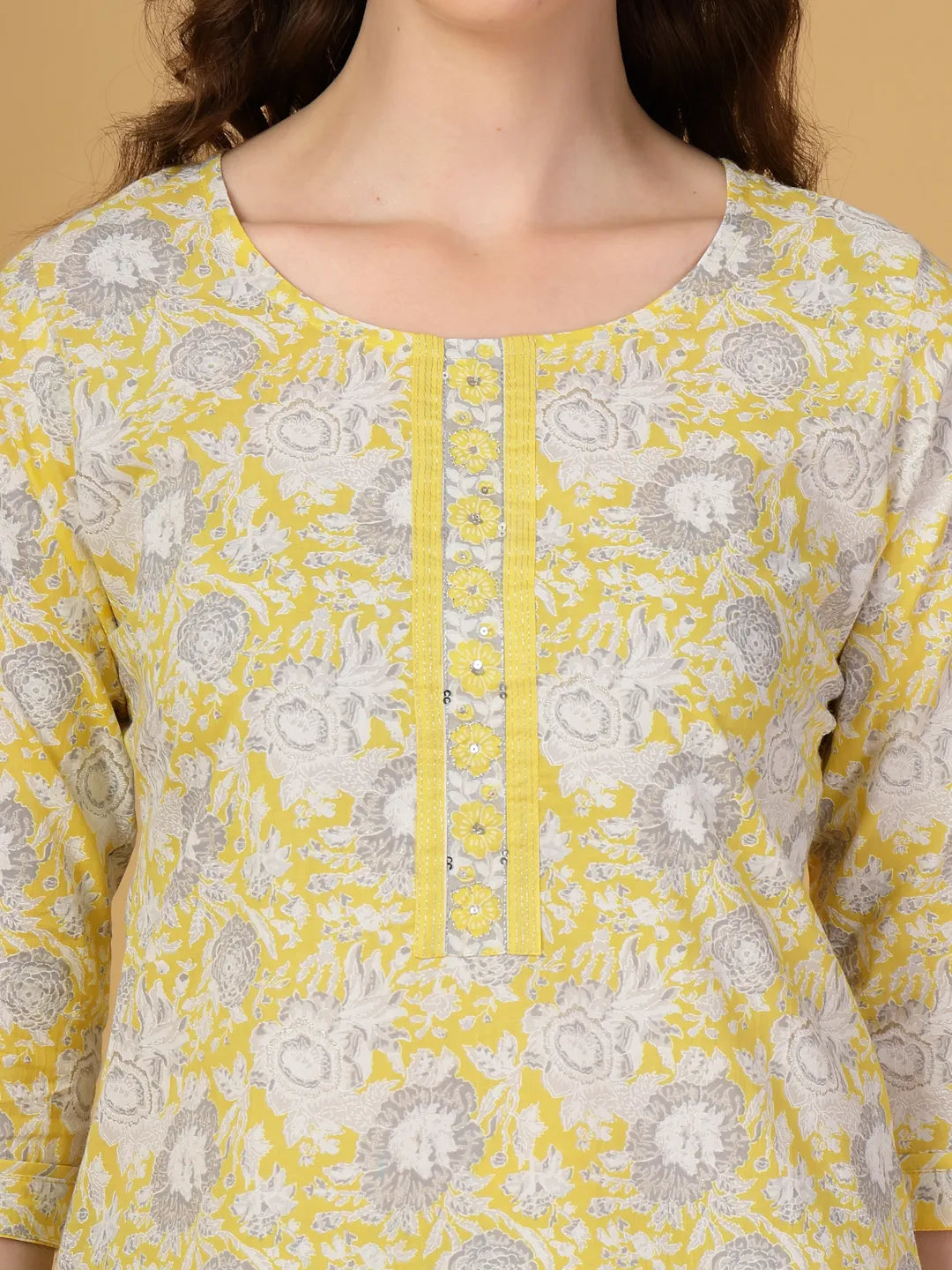 Yellow Floral Print Straight Kurta Trouser Dupatta Set