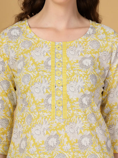 Yellow Floral Print Straight Kurta Trouser Dupatta Set