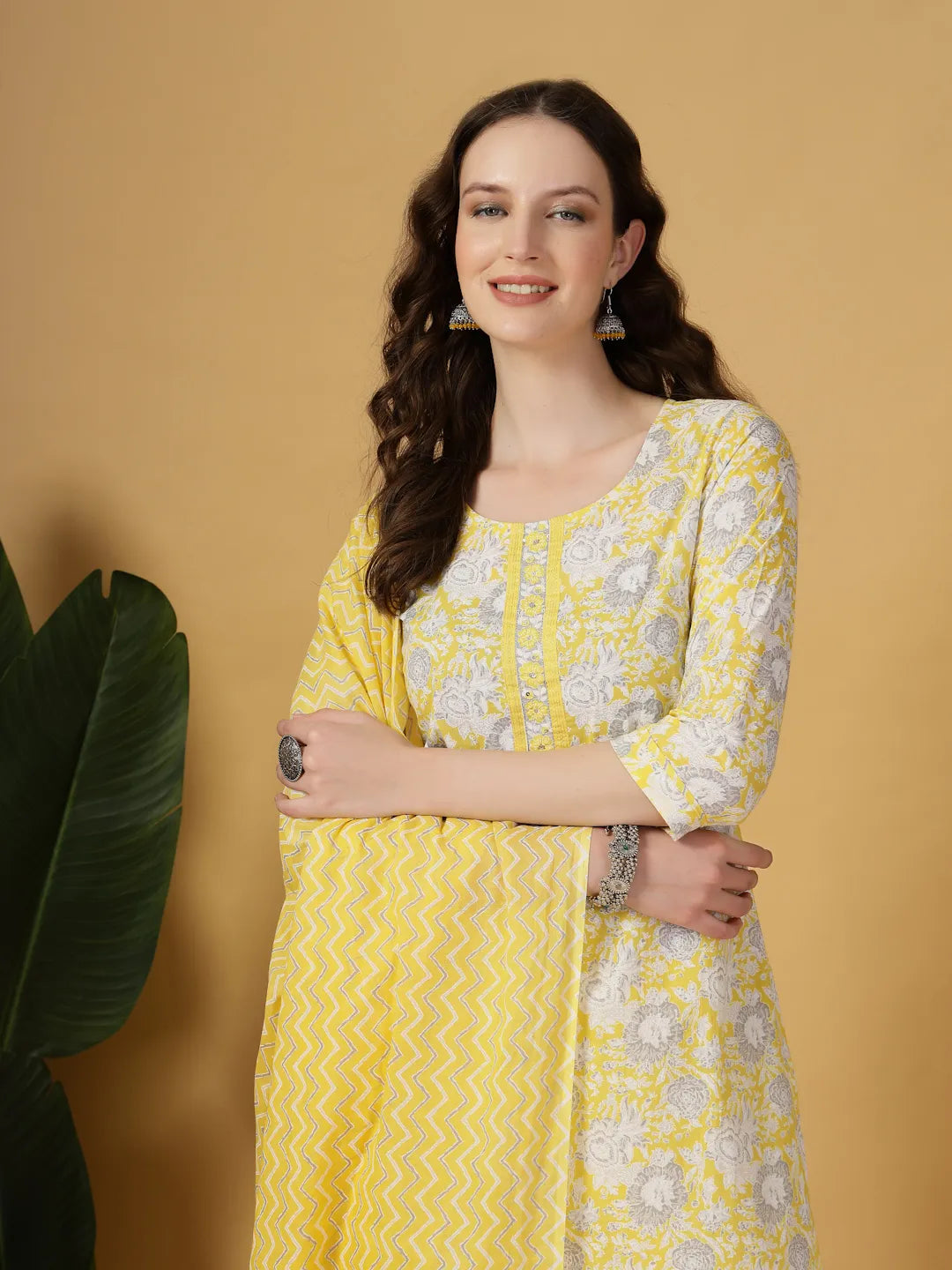 Yellow Floral Print Straight Kurta Trouser Dupatta Set