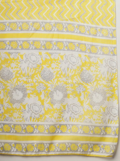 Yellow Floral Print Straight Kurta Trouser Dupatta Set