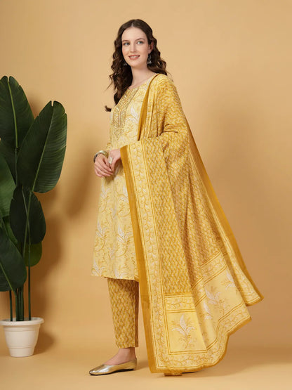 Yellow Floral Print Thread-Work Straight Kurta Trouser Dupatta Set