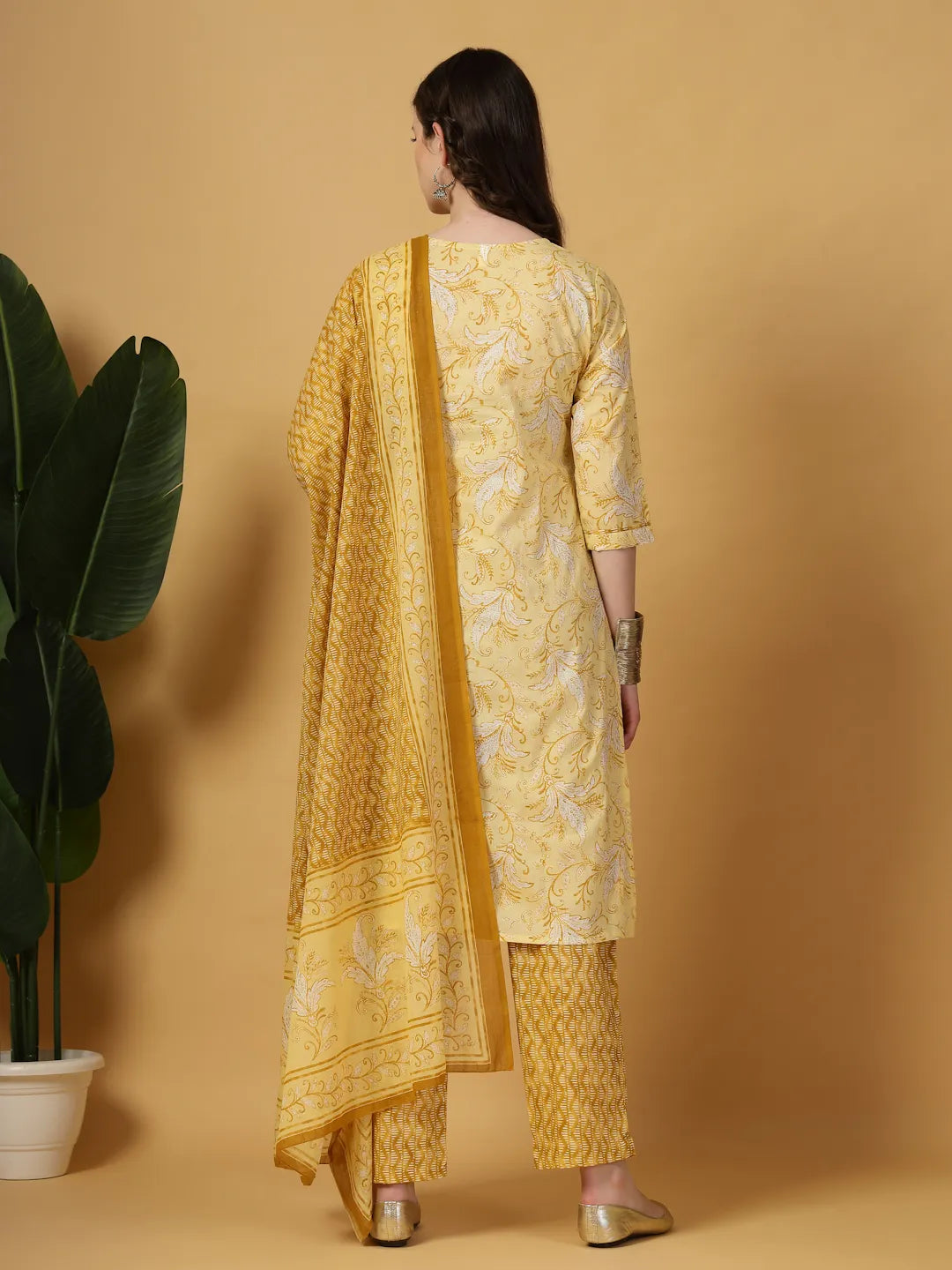 Yellow Floral Print Thread-Work Straight Kurta Trouser Dupatta Set