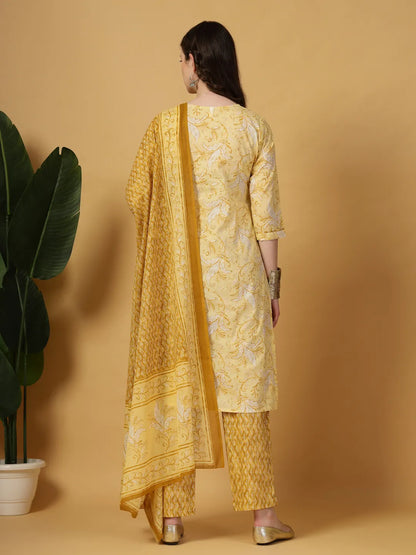 Yellow Floral Print Thread-Work Straight Kurta Trouser Dupatta Set