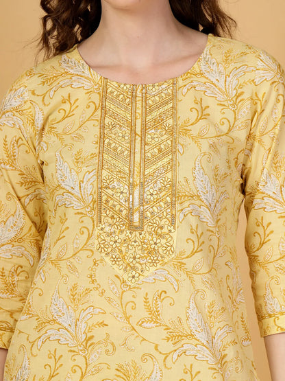 Yellow Floral Print Thread-Work Straight Kurta Trouser Dupatta Set