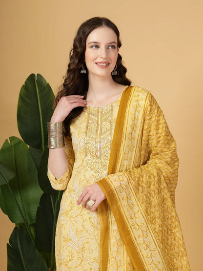 Yellow Floral Print Thread-Work Straight Kurta Trouser Dupatta Set