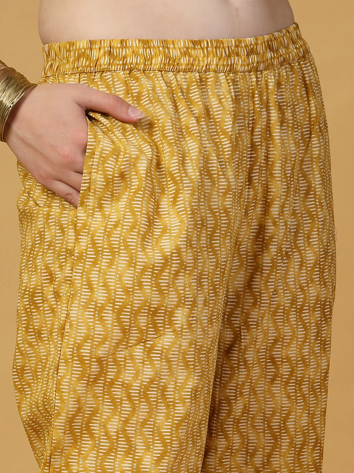 Yellow Floral Print Thread-Work Straight Kurta Trouser Dupatta Set