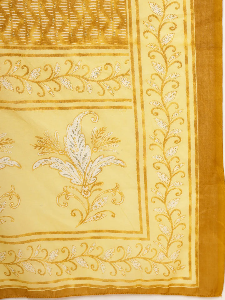 Yellow Floral Print Thread-Work Straight Kurta Trouser Dupatta Set