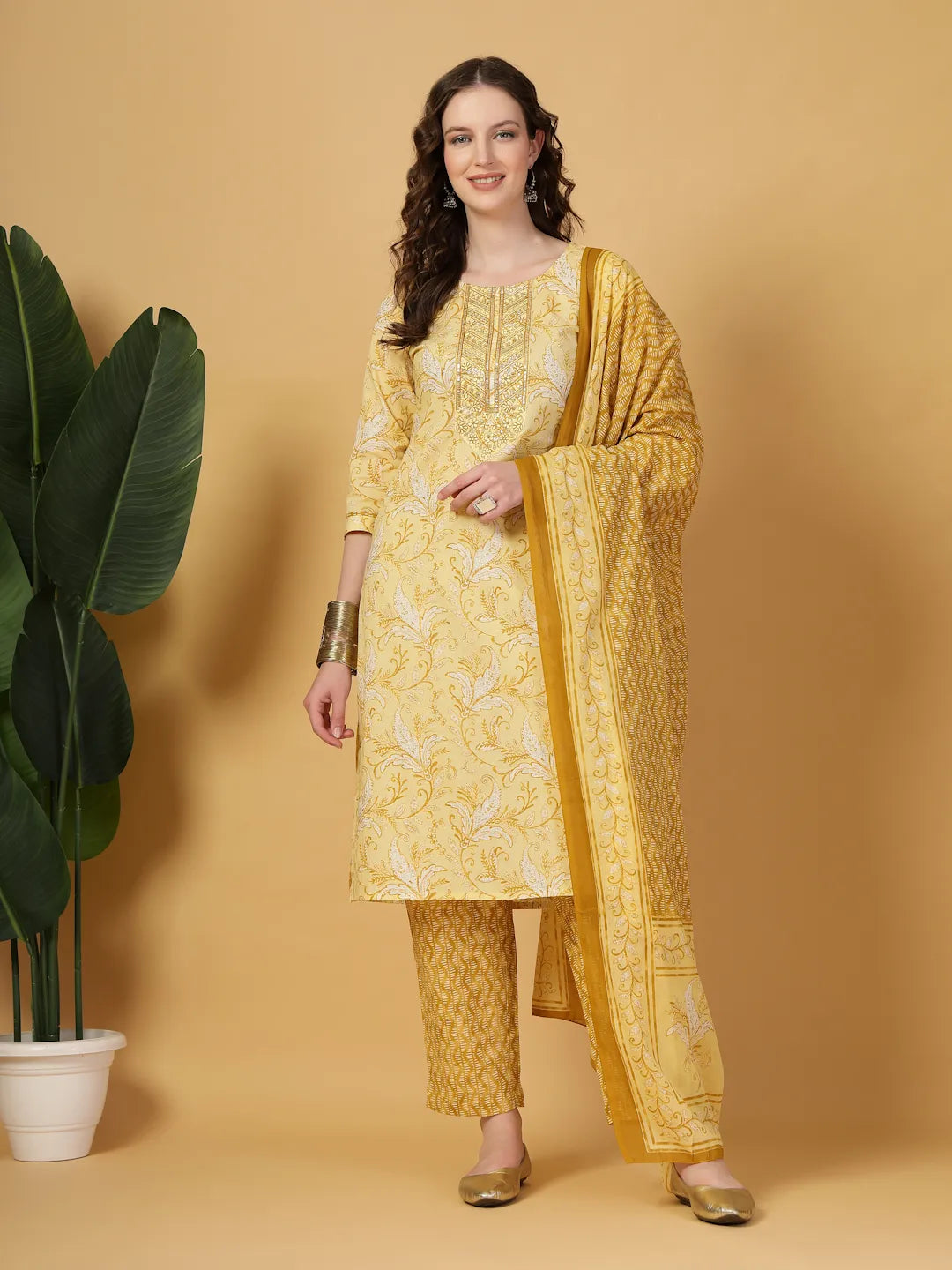 Yellow Floral Print Thread-Work Straight Kurta Trouser Dupatta Set