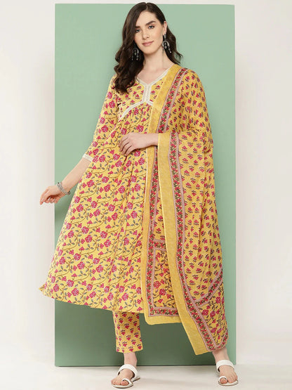 Yellow Floral Printed Regular Pure Cotton Kurta With Trousers & With Dupatta Set