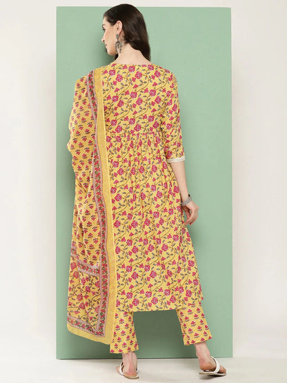 Yellow Floral Printed Regular Pure Cotton Kurta With Trousers & With Dupatta Set