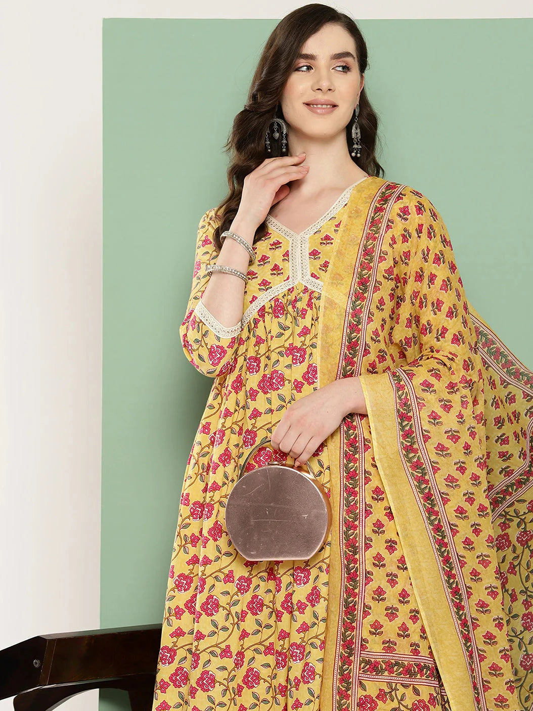 Yellow Floral Printed Regular Pure Cotton Kurta With Trousers & With Dupatta Set