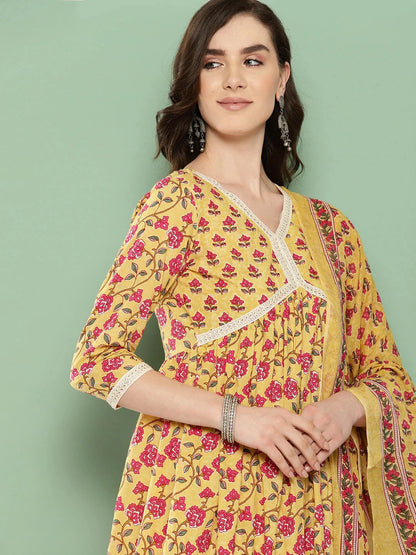 Yellow Floral Printed Regular Pure Cotton Kurta With Trousers & With Dupatta Set