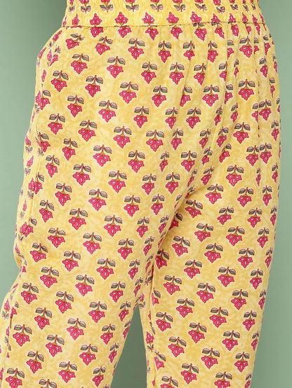 Yellow Floral Printed Regular Pure Cotton Kurta With Trousers & With Dupatta Set
