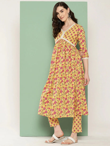 Yellow Floral Printed Regular Pure Cotton Kurta With Trousers & With Dupatta Set