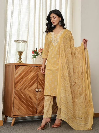Yellow Floral Thread Work Straight Kurta Trouser Dupatta Set